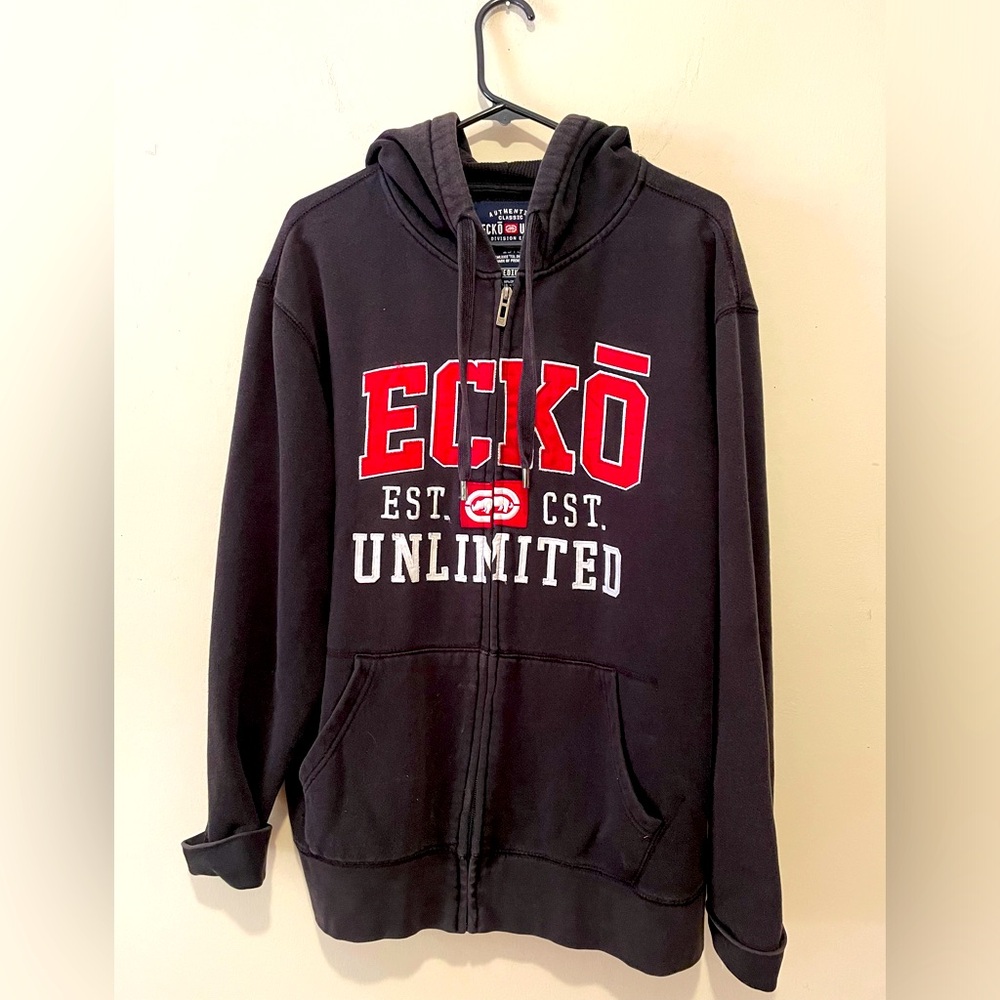 ECKO UNLTD Urban Y2K Black/Red Iconic Zip-Up Rhino Logo Hoodie Sweatshirt. SZ M.